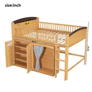 English Elm Twin Loft Bed with Wardrobe Cabinet Led Lighting and Pine Frame for Kids Rooms Wood N7090002236M