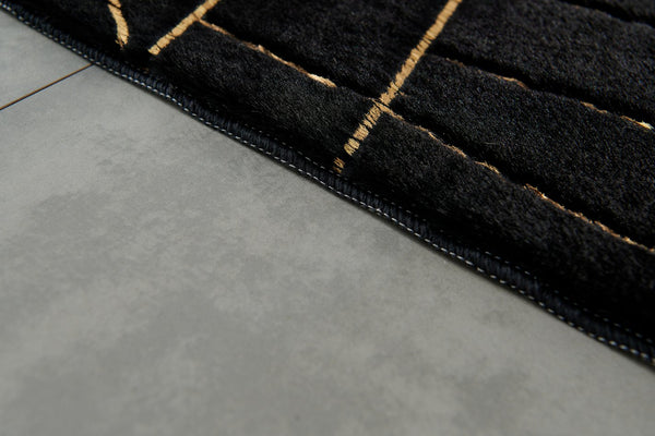 English Elm Luxury Machine Washable Black Faux Fur Area Rug With Gold Geometric Design For Modern Homes B030P233702