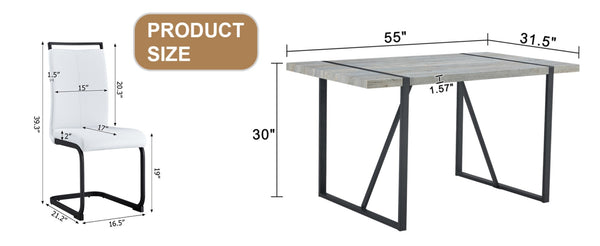 English Elm Table And Chair Set - Modern Grey Marble Mdf Dining Table With Metal Frame & 4 White Pu Chairs W1151S02685-GIGA