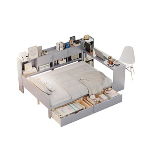 English Elm Full Full Size Daybed with Storage: L-Shape Wooden Frame, 3 Cabinets 2 Drawers, Desk & Bookshelf Gray N733S247077E