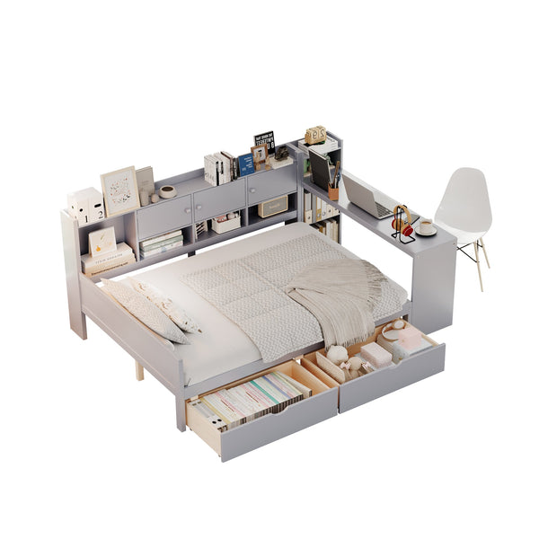 English Elm Full Full Size Daybed with Storage: L-Shape Wooden Frame, 3 Cabinets 2 Drawers, Desk & Bookshelf Gray N733S247077E