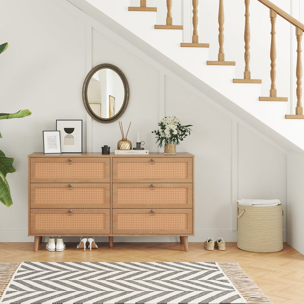 English Elm Rattan 6-Drawer Double Dresser with Handwoven PE Rattan Fronts, Wood Top, Copper Pulls, Spacious Storage Vintage T3623P411339