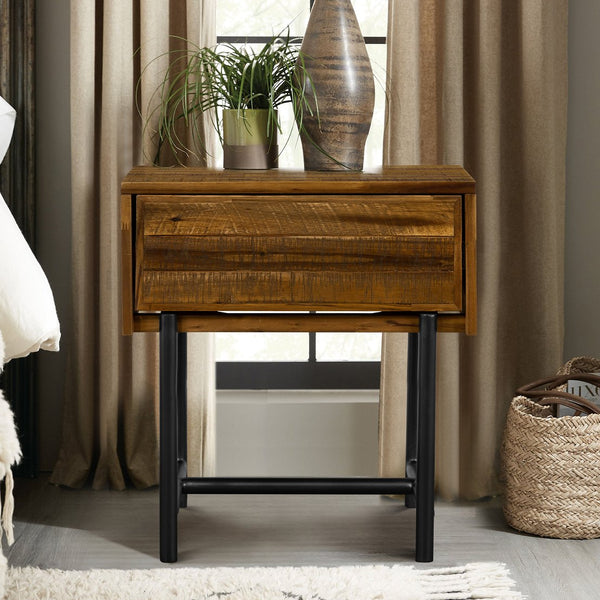English Elm Cusco Solid Acacia Wood Nightstand with Metal Base and Antique Finish Farmhouse Bedroom B2736P464874