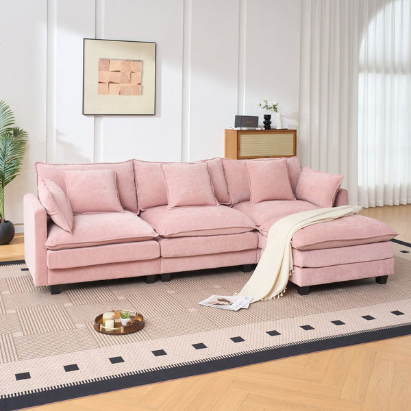 English Elm Beige Chenille Sectional Sofa with Modular Ottoman for Living Room or Studio Pink W2603S00003