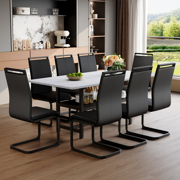 English Elm Table And Chair Set - Modern White Grain Spliced Dining Table With 8 Black Pu Chairs & Storage Function W1151S04275-GIGA