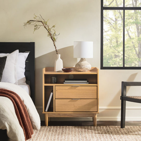 Lee Mid-Century Modern 25" Solid Pine 2-Drawer Nightstand - Stylish Storage for Any Room!