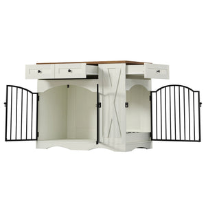 English Elm Go Farmhouse Wooden Dog Crate End Table with 3 Drawers and Built-in Pet Feeder N704P371282D