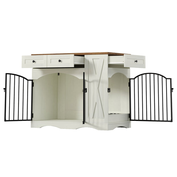 English Elm Go Farmhouse Wooden Dog Crate End Table with 3 Drawers and Built-in Pet Feeder N704P371282D