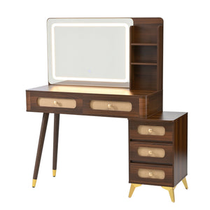 English Elm 47''Vintage Elegant Makeup Vanity with Lights and Mirror, 5-Drawer Rattan Design, Solid Wood Craftsmanship Dark Walnut 46 L x 27 W x 8 H N733P337468D