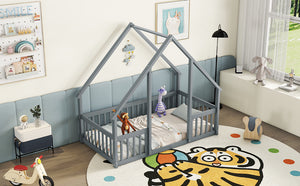 English Elm Twin Wood House-Shaped Floor Bed with Fence and Guardrails – Playful Pine Frame for Imaginative Kids Retreat Grey W504P143289