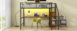 English Elm Full Size Metal Loft Bed With Desk, Storage Steps, Wardrobe, Led Light - Perfect For Small Spaces! GX000620AAB-1