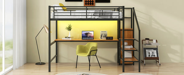 English Elm Full Size Metal Loft Bed With Desk, Storage Steps, Wardrobe, Led Light - Perfect For Small Spaces! GX000620AAB-1