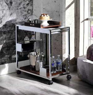 English Elm Lisses Chrome Serving Cart with Removable Wooden Tray, Wine Rack, Stemware Shelf & Casters, 70lb Top B2726P286818