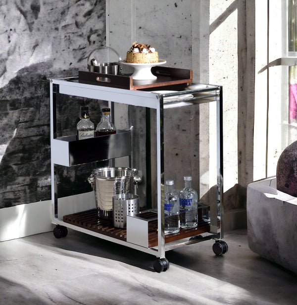 English Elm Lisses Chrome Serving Cart with Removable Wooden Tray, Wine Rack, Stemware Shelf & Casters, 70lb Top B2726P286818