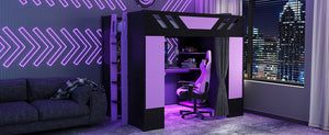 English Elm Full Size Loft Bed with Desk Blackout Curtains Rgb Lighting and Integrated Storage Purple+Black LT000377AAI