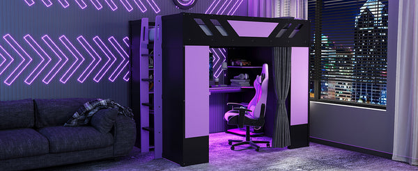 English Elm Full Size Loft Bed with Desk Blackout Curtains Rgb Lighting and Integrated Storage Purple+Black LT000377AAI