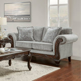 Carved Wood Gray 5-Pc Living Room Set with Fringe Pillows