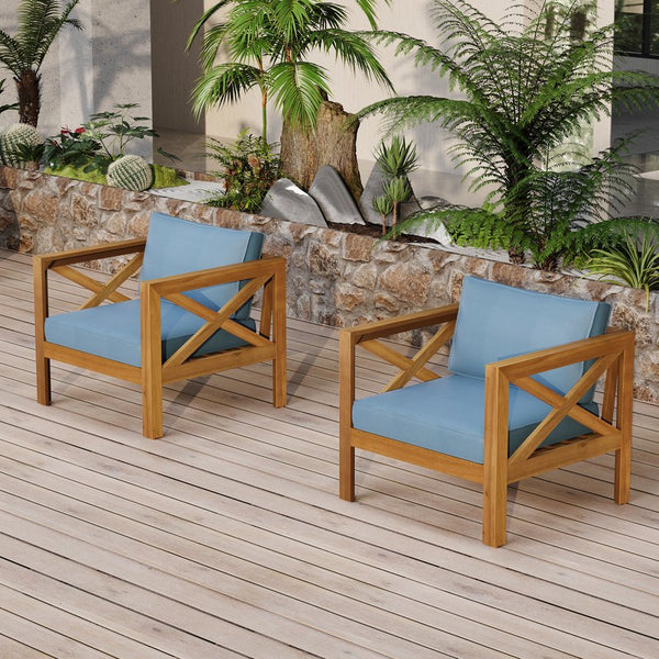 English Elm Christopher Knight Home® - Patio Conversation Set - Stylish Acacia Wood Chairs With Cushions & Foldable Side Table For Outdoors N770P264304T_N770P261552T