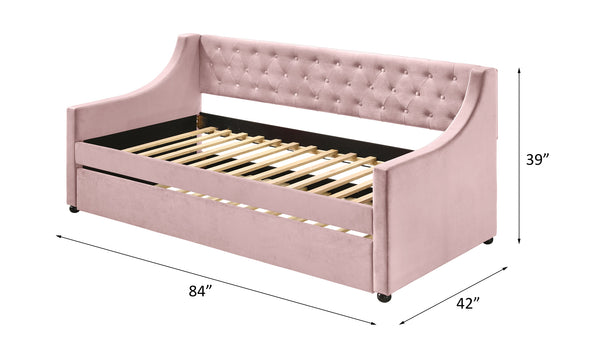 English Elm Lianna Pink Velvet Daybed with Roll-Out Trundle, Twin Upholstered Button-Tufted Bed, No Mattress Included B2726S00323