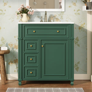 English Elm Bathroom Vanity with Sink French-Inspired 30" Ceramic Basin Vanity Cabinet with Soft-Close Doors & Drawer Organizer Green N710P286723F