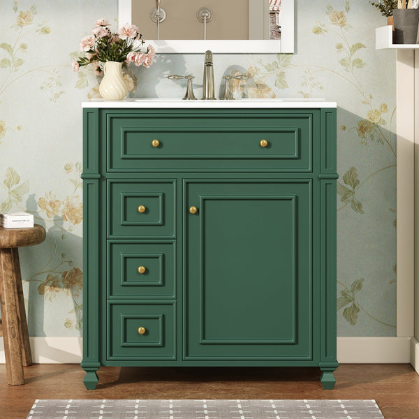 English Elm Bathroom Vanity with Sink French-Inspired 30" Ceramic Basin Vanity Cabinet with Soft-Close Doors & Drawer Organizer Green N710P286723F