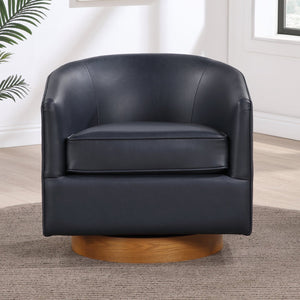 English Elm Maisy Barrel Swivel Chair in Midnight Blue Faux Leather with Wooden Base, Pocket Coil Comfort B050P322574