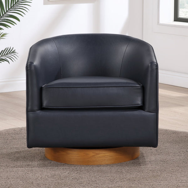 English Elm Maisy Barrel Swivel Chair in Midnight Blue Faux Leather with Wooden Base, Pocket Coil Comfort B050P322574