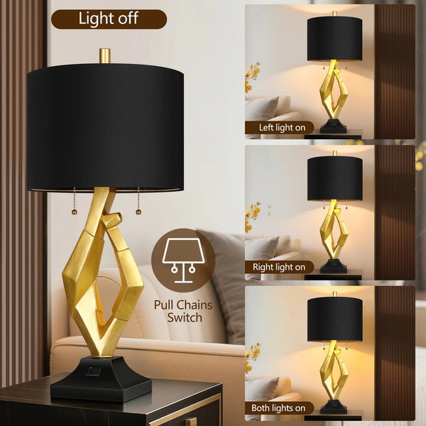English Elm 25.5in Gold Resin Sculptural Bedside Lamp Set with Black Linen Shades and Usb Ports W3355P440837
