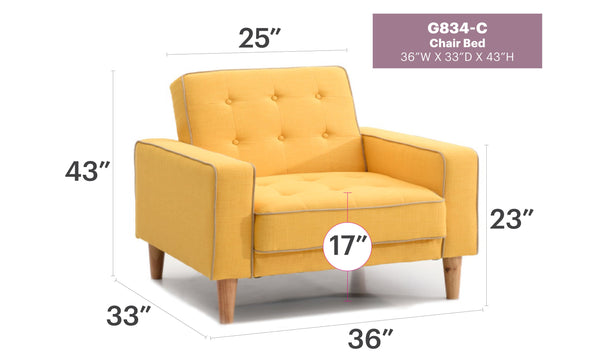 English Elm Vibrant Bright Yellow Contemporary Chair Bed with Track Arms, 30"H x 36"W x 34"D, Cozy Single Seat, Easy Assembly B078S00475