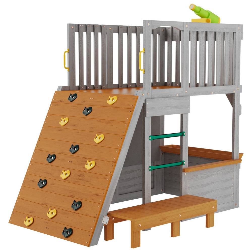 English Elm Large Two Story Wooden Kids Outdoor Playhouse with Lookout Telescope Sandbox and Ramp W2992S00003