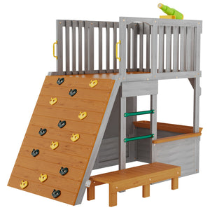 English Elm Large Two Story Wooden Kids Outdoor Playhouse with Lookout Telescope Sandbox and Ramp W2992S00003