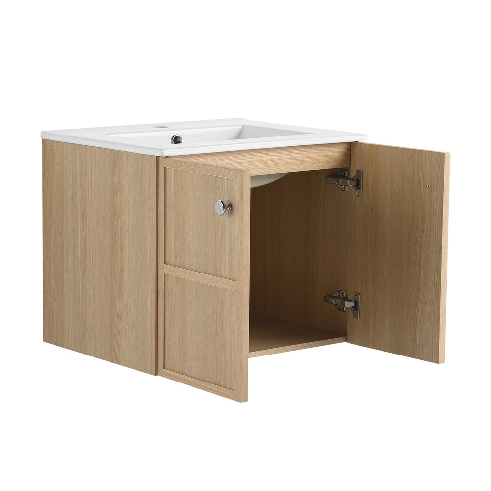 English Elm 24" Modern Wall Vanity with Ceramic Sink, Oak Plywood Cabinet, 2 Soft-Close Doors, Handles Included W1972S00021