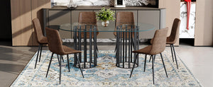 English Elm Table Set Oval Tempered Glass Top with Six Brown Fabric Chairs for Modern Dining W1151S04752