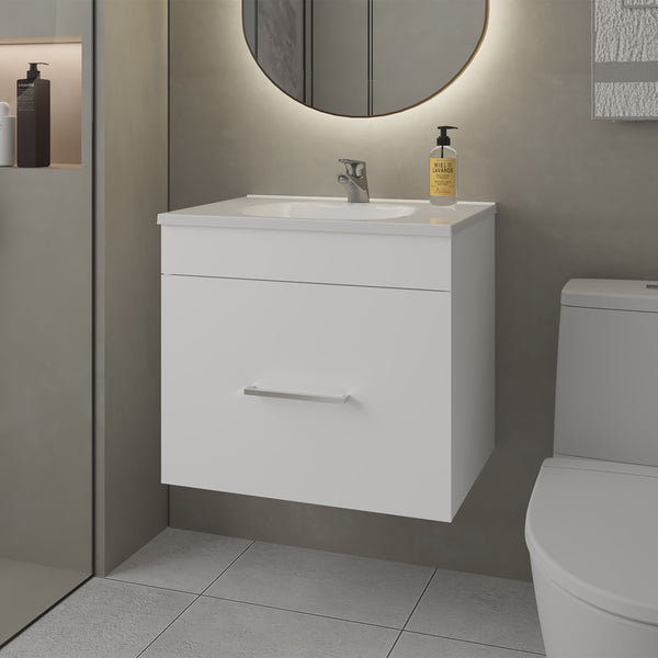 English Elm Story Floating Bathroom Vanity Set with Sink One Drawer - Space-Saving Wall-Mounted Modern Design, Scratch-Resistant Finish White 28 L x 23 W x 12 H B128P314808