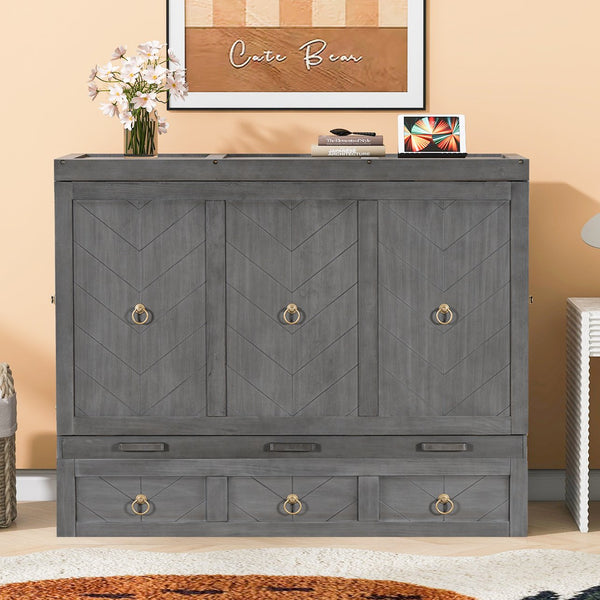 English Elm Queen Murphy Wall Bed with Pull Out Storage Drawer and Built in Usb Charging Gray LP000428AAE