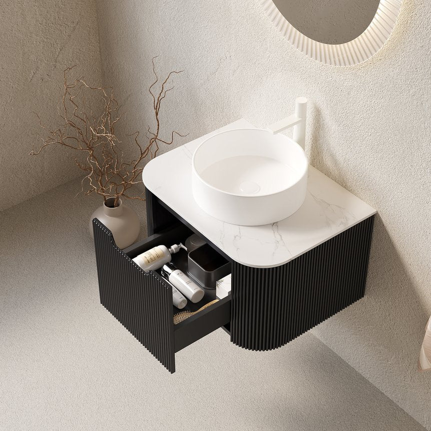 English Elm Dina Floating Bathroom Vanity with Sintered Stone Top and Crystal Glass Basin Carrara White,White+Black W2615S00396