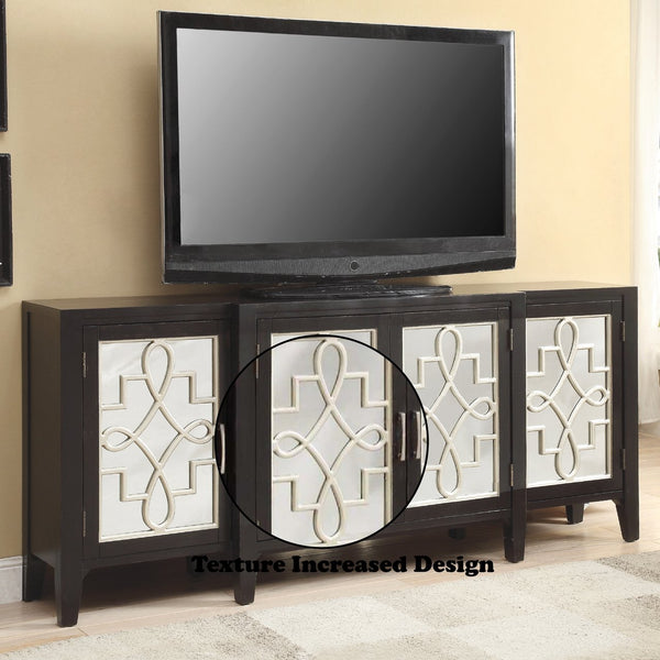 English Elm Kacia Antique Black Console Cabinet with Gold Ornamental Mirror Front, 4-Door Storage, Solid Wood Legs B2726P277145