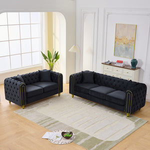English Elm 3 Piece Chesterfield Velvet Sofa Set Button Tufted with Gold Legs for Living Room Black W3373S00084