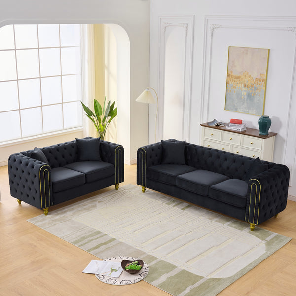 English Elm 3 Piece Chesterfield Velvet Sofa Set Button Tufted with Gold Legs for Living Room Black W3373S00084
