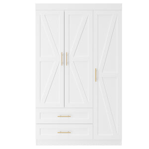 English Elm Shaker Three Door Wardrobe Armoire with Hanging Rod and Shelves for Bedroom White T3210S00005