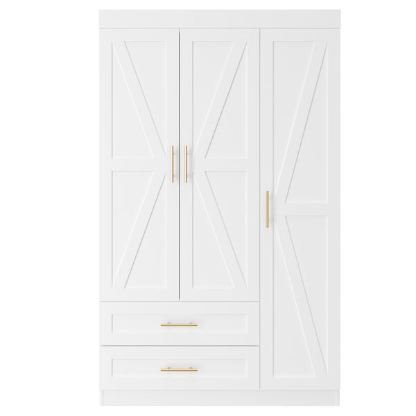 English Elm Shaker Three Door Wardrobe Armoire with Hanging Rod and Shelves for Bedroom White T3210S00005