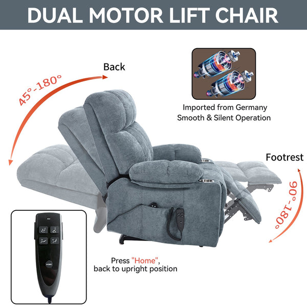 English Elm Dual Motor Power Lift Recliner with Massage Heat and Leatherair Upholstery for Living Room Grey-Blue W3224P294319