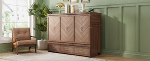 English Elm Queen Cabinet Murphy Bed Pine Wood Frame Geometric Panel Usb Charging Guest Room W504S00306