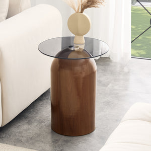 English Elm Small Round Tempered Glass Top Mid Century Modern Accent Table for Living Room or Office W2920P438805