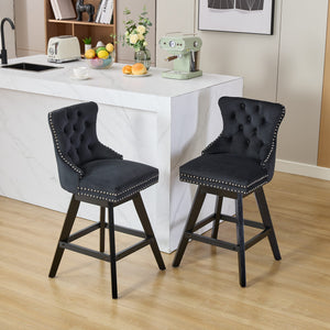 English Elm Swivel Velvet Barstool with Tufted Back, 360° Swivel, Plush Foam & Steel Spring Seat, Sturdy Wood Frame (Set of 2) Black W1143P241332