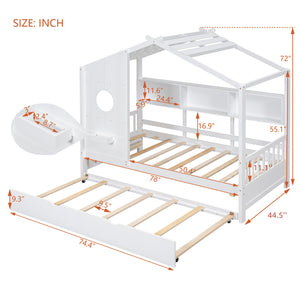 English Elm Wooden Twin House Bed with Trundle and 3 Back Shelves, Pine Frame Playful Loft Design for Kids White 41.7 L x 16.25 W x 6 H N733S316110K