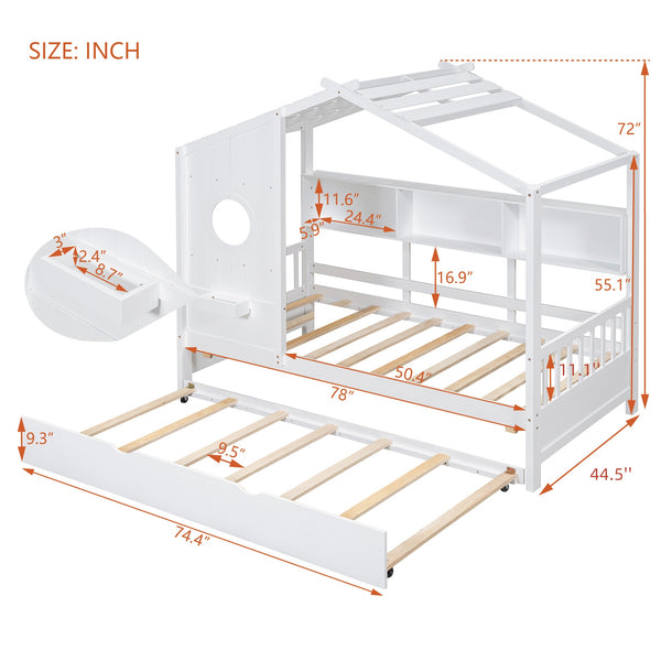 English Elm Wooden Twin House Bed with Trundle and 3 Back Shelves, Pine Frame Playful Loft Design for Kids White 41.7 L x 16.25 W x 6 H N733S316110K