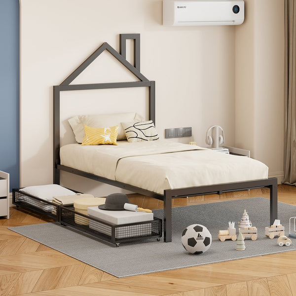 English Elm Twin Metal Platform Bed with House-Style Headboard, Sturdy Slatted Frame & Smooth Underbed Drawers for Kids and Teens (300 lb Capacity) Black MF320570AAB