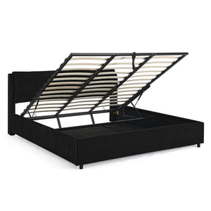 English Elm King Size Hydraulic Platform Bed With Integrated Headboard - Stylish Chenille Upholstery, Black W1413S00116
