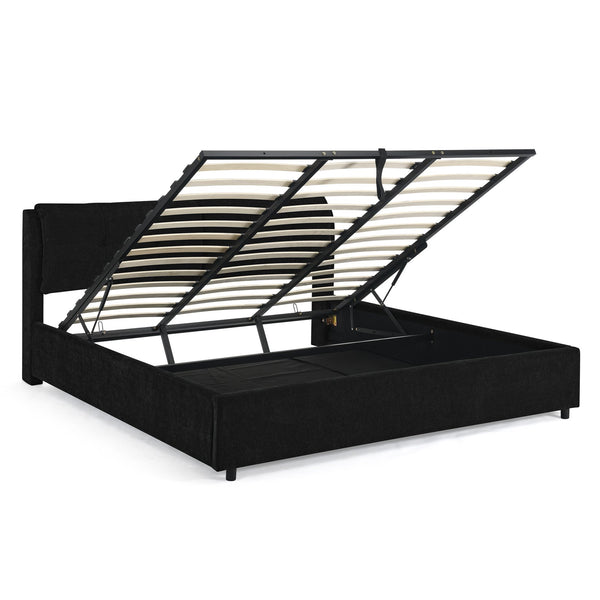 English Elm King Size Hydraulic Platform Bed With Integrated Headboard - Stylish Chenille Upholstery, Black W1413S00116